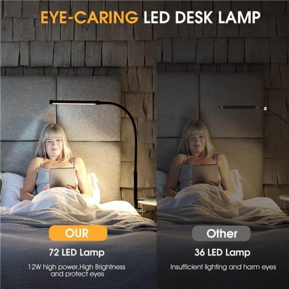 LED Desk Lamp with Clamp, Eye Caring Clip Light for Home  LED Desk lamp with Clamp, Eye-Caring Clip on Lights for Home Office, USB Adapter